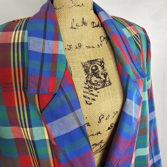 Vintage 80s 90s Blue Red Plaid Lightweight Plus Size Oversized Blazer - Picture 3 of 15